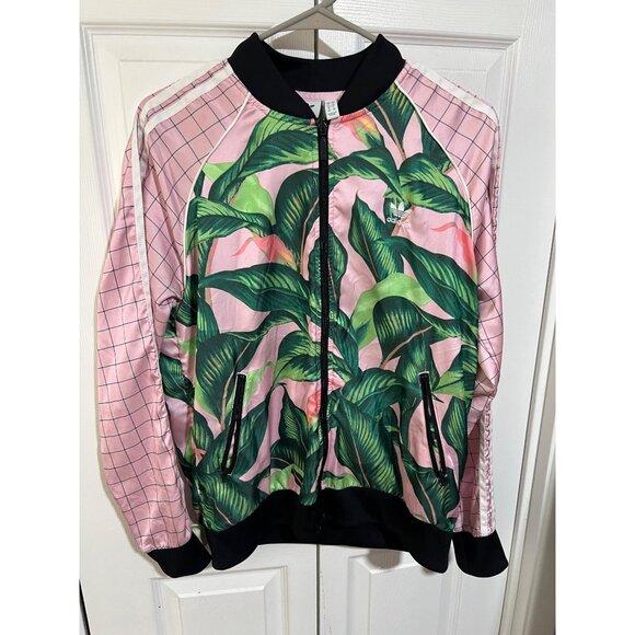 Adidas Womens Tropical Leaf Farm Rio Print Pink & Green Track Jacket Size L - Picture 1 of 10